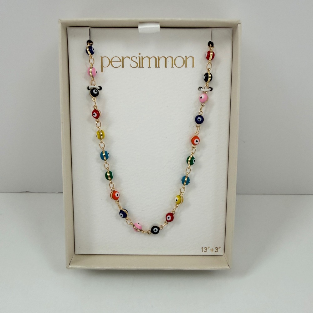 Persimmon Evil Eye Necklace Multicolor Enamel Beads Gold Tone 13+3in NIB